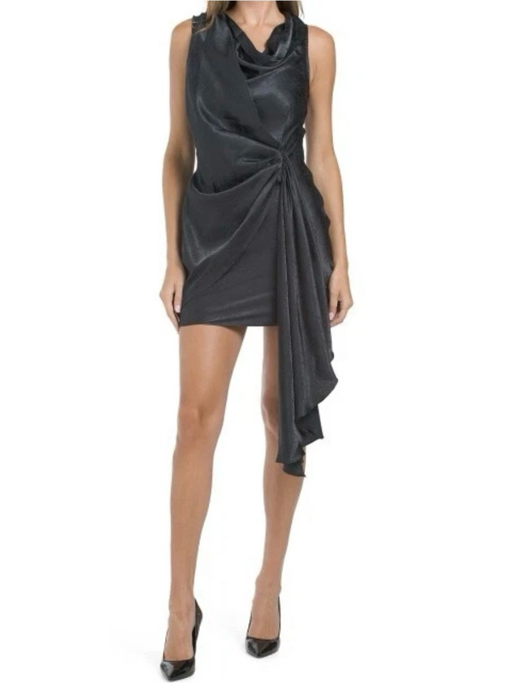 TORN BY RONNY KOBO Freya Mini Dress Medium Black Ruffle Draped Floral Satin Club